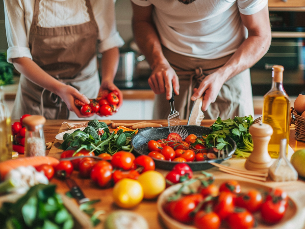 Сімейна трапеза з різноманітними здоровими стравами